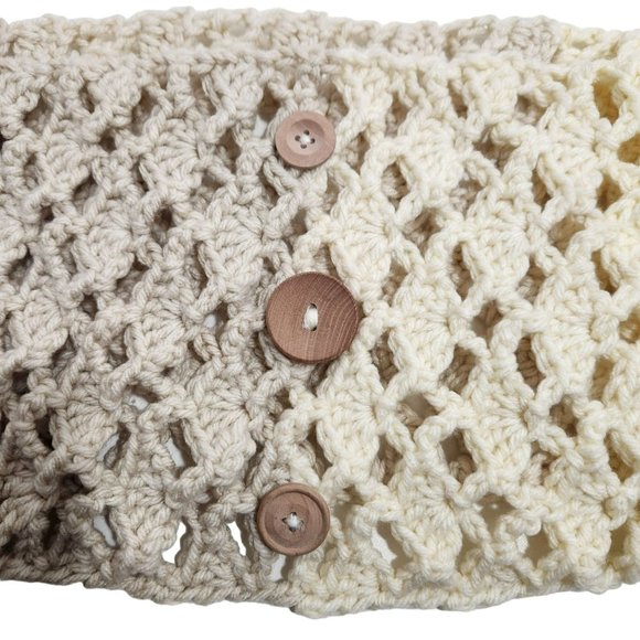 Washable wooly cowl scarf wood button ivory white handknit - Picture 1 of 6